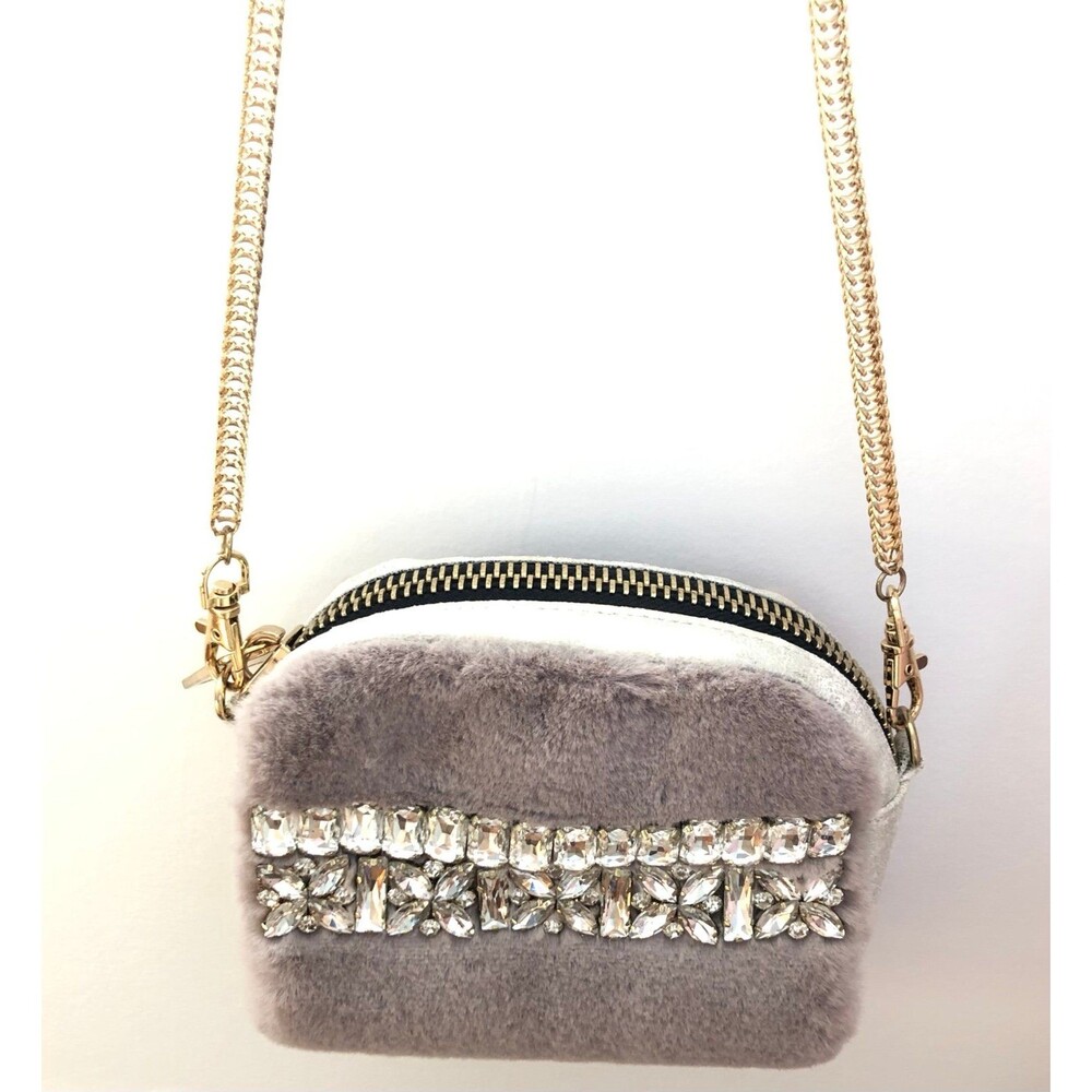 Gray Faux Fur Rhinestone Embellished Mini Crossbody Bag Gold Chain Y2K Glam